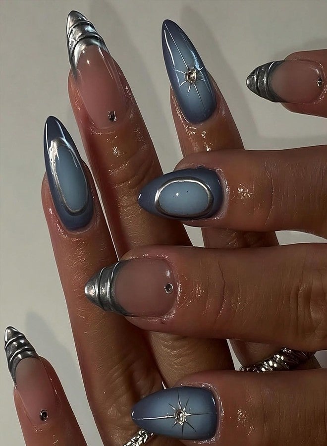 OSTTMA 24Pcs Almond Press on Nails Short Fake Nails with Star Designs Gradient Blue Acrylic Nail Silver French Tip Glue on Nail with Rhinestones Metallic Style 3D Nails Press ons False Nails for Women - Image 1